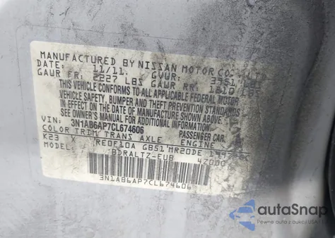 2012 Nissan Sentra 2.0 S z USA, uszkodzony, nr VIN 3N1AB6AP7CL674606